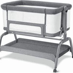 Babyomi 3 In 1 Baby Bassinet, Portable Playard With Storage Basket and Wheels, Adjustable Height Bassinet Bedside Sleeper, Easy Folding Portable Crib for Newborn, Grey