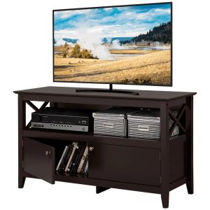 Yaheetech 24" H TV Stand X Shape Wooden Display TV Cabinet Shelf with 2 Storage Doors for TVs Up to 50in,Espresso