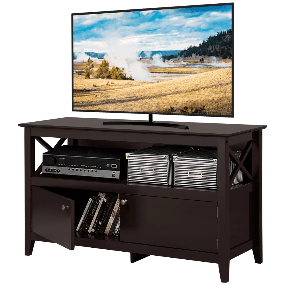 Yaheetech 24" H TV Stand X Shape Wooden Display TV Cabinet Shelf with 2 Storage Doors for TVs Up to 50in,Espresso