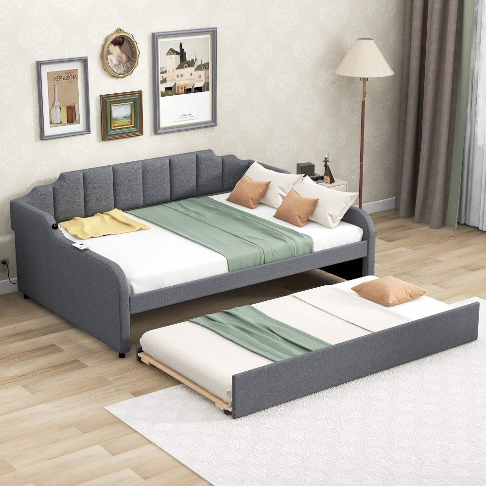 Euroco Full Size Daybed with Trundle, Upholstered with Padded Back for Kids, Gray