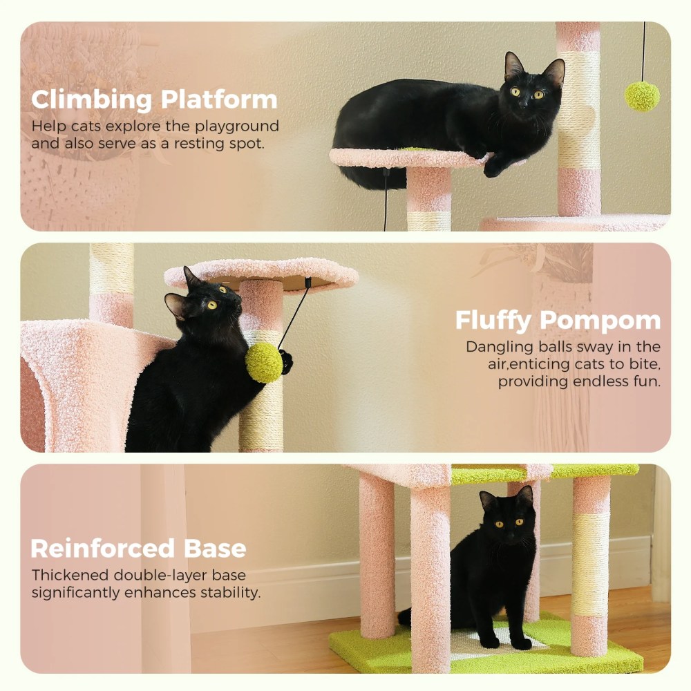 Pefilos 62" Cat Tree for Indoor Cats, Modern Cat Tree Tower with 2 Spacious Condos, Scratching Pad, 4 Cat Scratching Posts, 2 Top Perches, 2 Pompoms, - Image 5