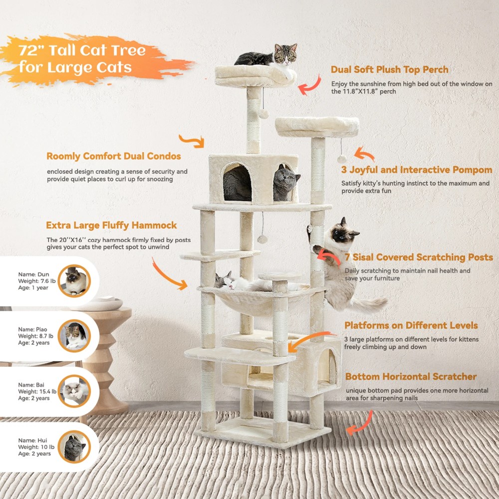 Pefilos 72" Large Cat Tree Tower with Sisal Scratching Post, Indoor Cat Condo for Big Cat Maine Coon, Beige - Image 12