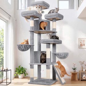 Globlazer 80in Heavy Duty Cat Tree for Large Cats,  Multi-Level Cat Furniture Activity Center with 2 Condos,  2 Hammocks,  3 Perches & Sisal Scratching Posts, Light Grey