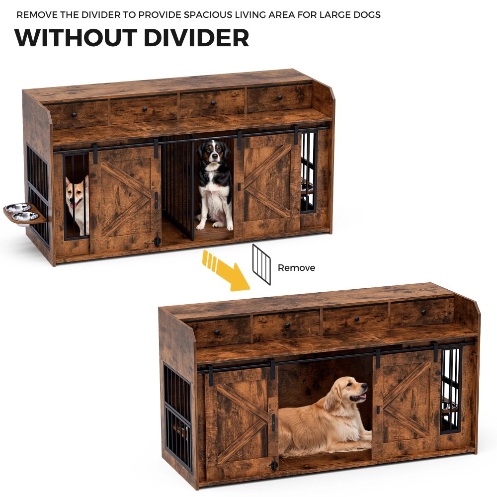 Advwin 63" Wooden Double Dog Crate Furniture with Drawers, Divider, Sliding Doors and Dual Feeding Stations, TV Stand Dog Kennel for 2 Small/Medium Dogs, Rustic Brown - Image 3