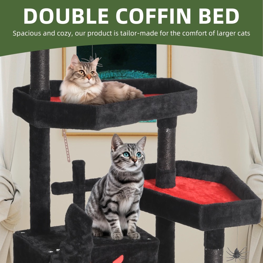Uforic 63in Gothic Cat Tree with Coffin Bed, Tall Halloween Cat Tower for Indoor Cats with Top Perch & Sisal Scratching Posts, Black - Image 6