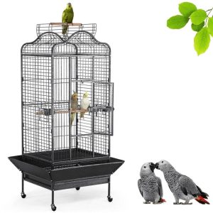 Extra Large Bird Cage with Rolling Stand,  3 Feeding Bowls and 2 Perches,  Black