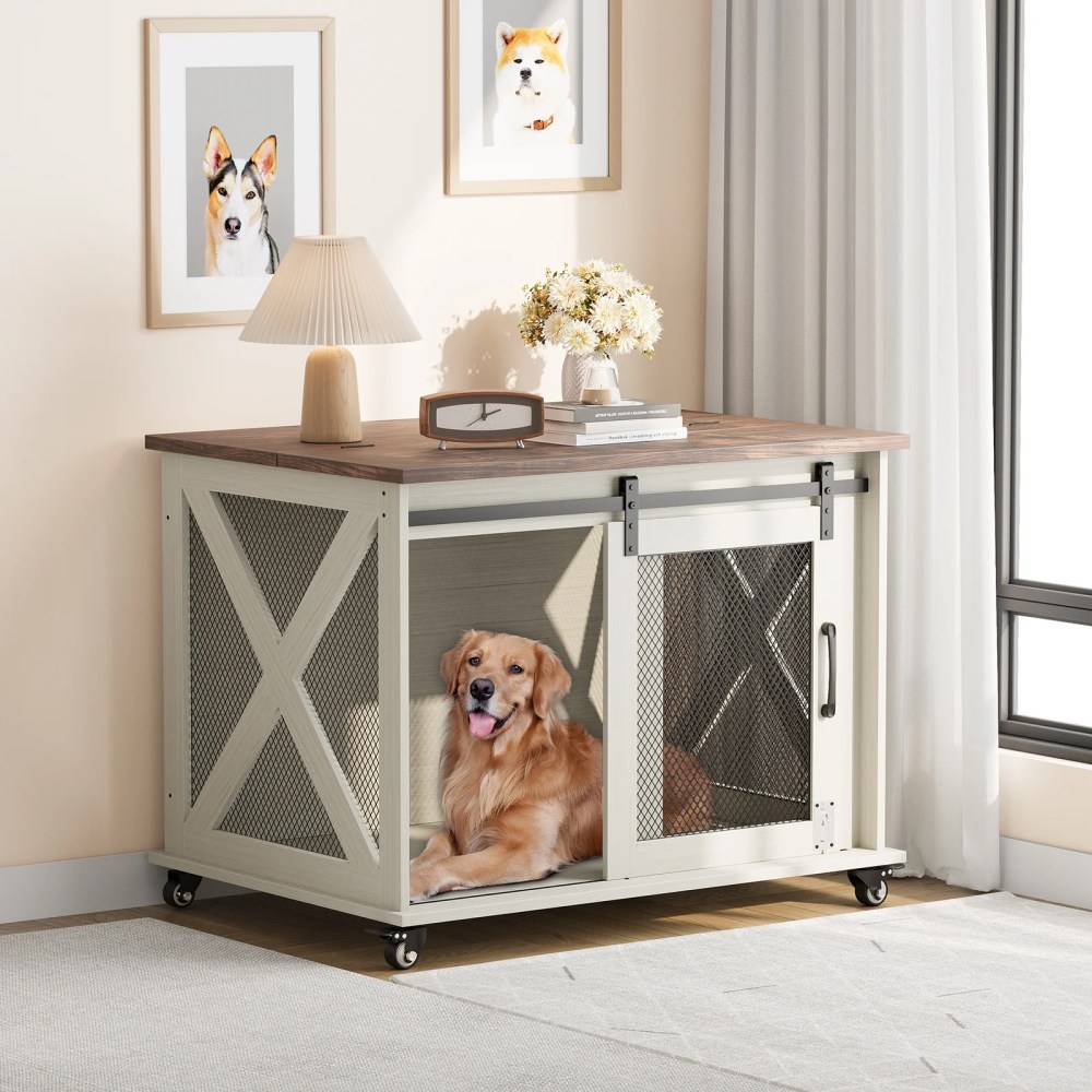 37" Stress-Free Dog Crate with Dual Access Sliding Barn Door & Flip Top Design Creates a Cozy Den for Your Pet - Image 13
