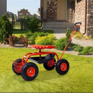 Aukfa Rolling Garden Cart Scooter with Swivel Seat,  Wheels,  and Tool Tray - Red
