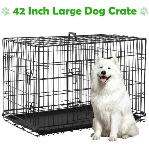 NiamVelo 42" Large Dog Crate Heavy Duty Dog Cage Folding Metal Pet Crate with Divider & Tray Double Doors Dog Kennel for Large Dogs,  Black
