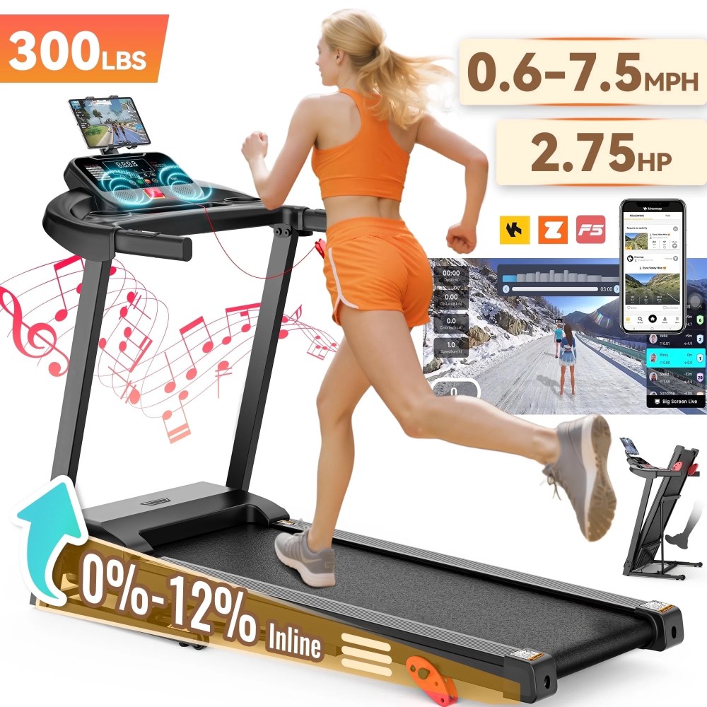 2.75HP Folding Treadmill for Home, Treadmill with 300lbs Capacity, Treadmill with incline, 0.6-7.5MPH, 64331 Programs
