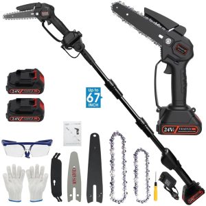 2 in 1 Cordless Pole Saw and 4" & 6" Mini Chainsaw,Electric Pole Saw with 2x1.5Ah Batteries and Charger,6 ft Extension Pole Saw for Tree Trimming,Wood Cutting