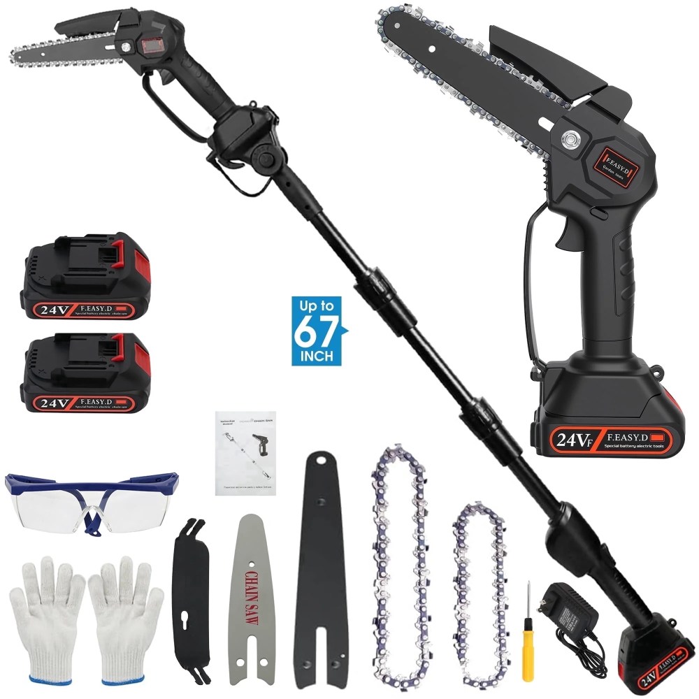 2 in 1 Cordless Pole Saw and 4" & 6" Mini Chainsaw,Electric Pole Saw with 2x1.5Ah Batteries and Charger,6 ft Extension Pole Saw for Tree Trimming,Wood Cutting