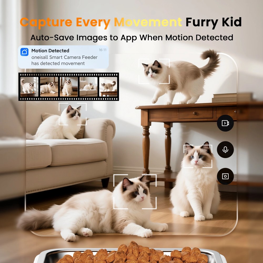 Oneisall WF-63 5GHz & 2.4GHz Automatic Cat Food Dispenser, 6L/25 Cups Automatic Cat Feeder with Camera, White - Image 6