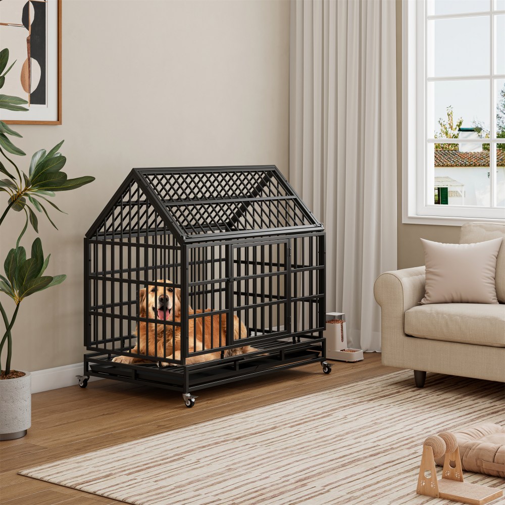 Aukfa 47 in Heavy Duty Indestructible Dog Crate with Lockable Wheels, Escape Proof Dog Cage Kennel w/ Removable Tray - Image 9