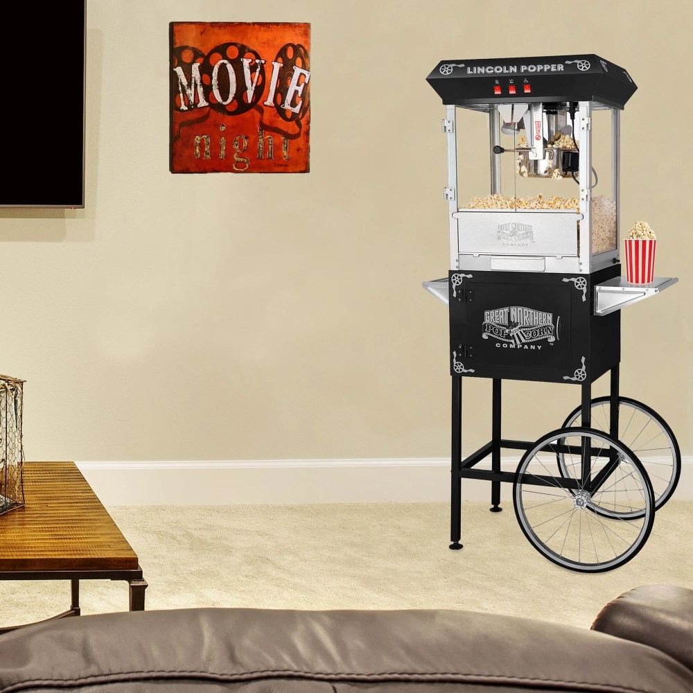 Lincoln Popcorn Machine with Cart- Popper Makes 3 Gallons- 8-Ounce Kettle, Old Maids Drawer, Warming Tray & Scoop by Great Northern Popcorn (Black) - Image 4