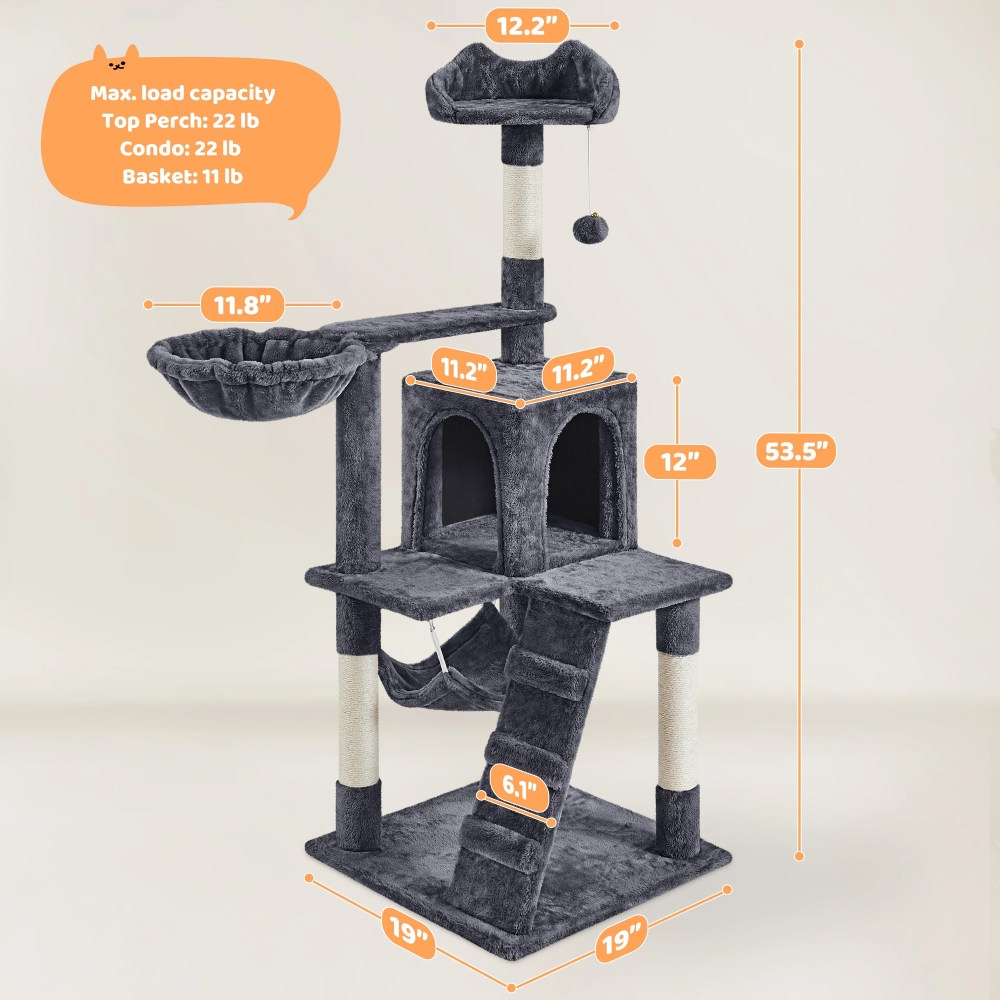 Alden Design 54" Cat Tree with Hammock, Basket and Scratching Post Tower, Dark Gray - Image 8