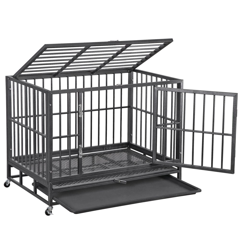 ZENY 38 Inch Indestructible Heavy Duty Dog Crate Escape Proof with Lockable Wheels High Anxiety Double Door Design - Image 3