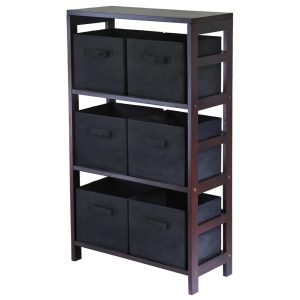 Winsome Wood Capri 7-Pc Storage Set,3-Section Shelf & 6 Foldable Black Fabric Baskets,Espresso Finish