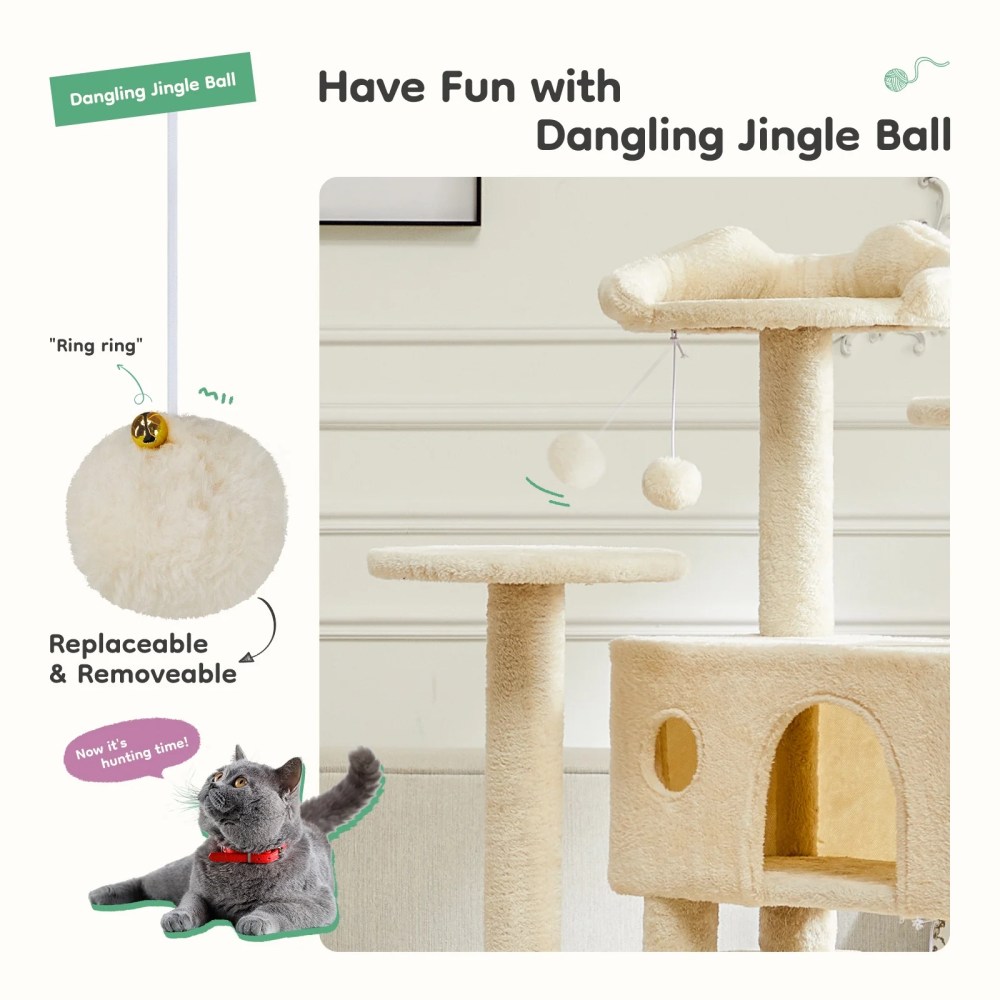 JIOABL 54-Inch Cat Tree Tower - Multi-Level Cat Tower with Large Condo, Natural Sisal Scratching Post, Climbing Ladder, Beige - Image 2