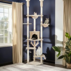 Demi Bonn Floor to Ceiling Cat Tree for Indoor 92"-101" Height Adjustable Cat Tower, Kitty Climbing Play House with Cozy Cat Condo, Perches and Hammock, Beige