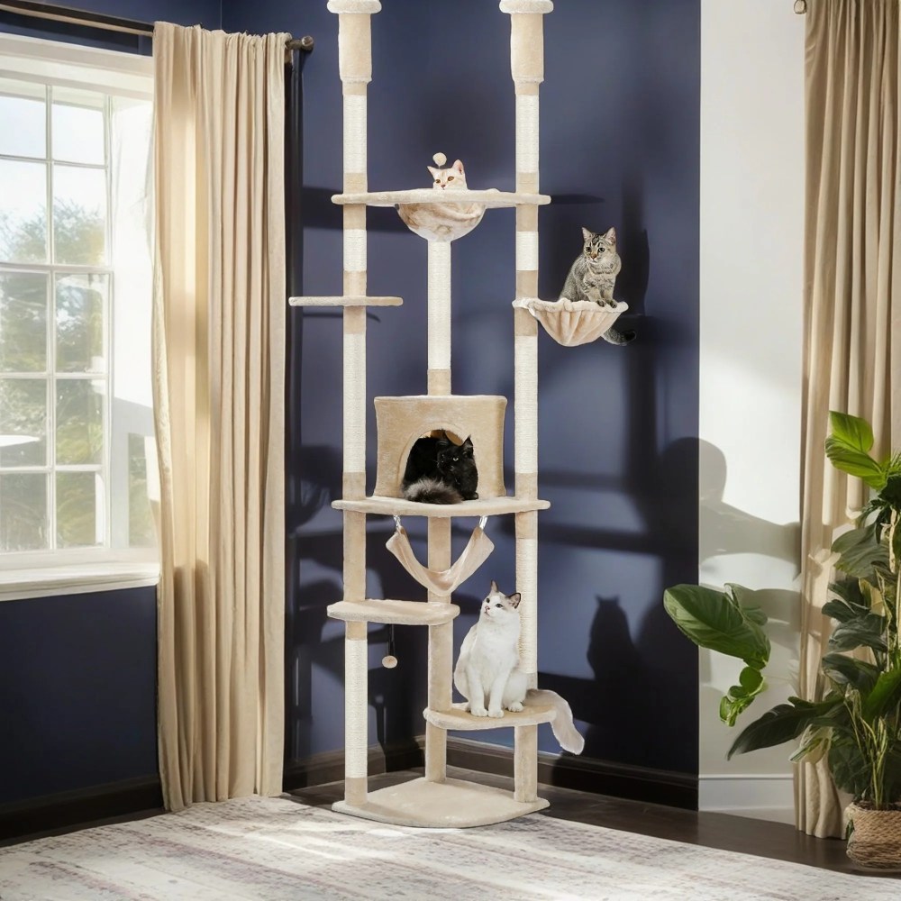 Demi Bonn Floor to Ceiling Cat Tree for Indoor 92"-101" Height Adjustable Cat Tower, Kitty Climbing Play House with Cozy Cat Condo, Perches and Hammock, Beige