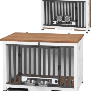 Aivituvin Folding Dog Crate Furniture Portable Metal Dog Kennel with Dog Bowls & Tray, Dog Crate for Small & Medium Dogs with Opening Roof