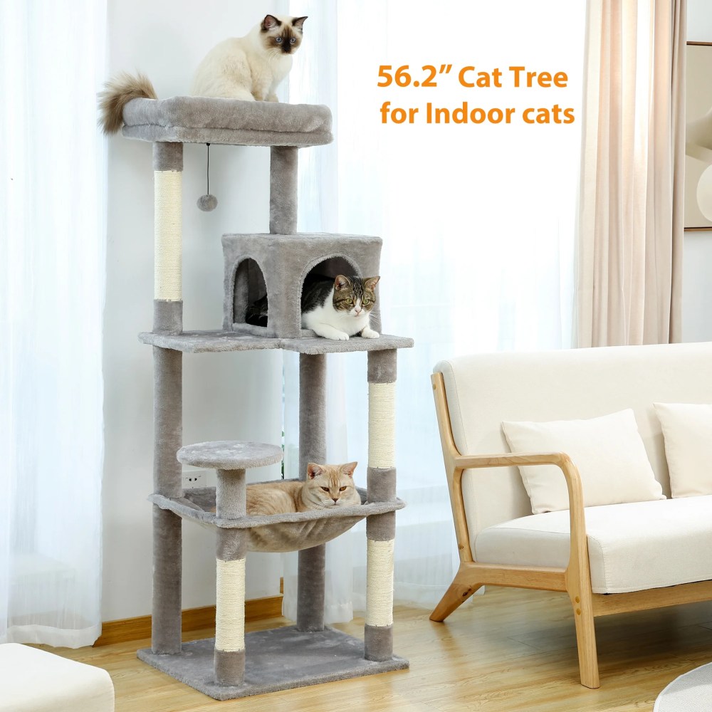 Pawz Road Cat Tree for Large Cats 56"Tall Cat Tower Condo with Scratching Post for Indoor Cats, Gray - Image 10