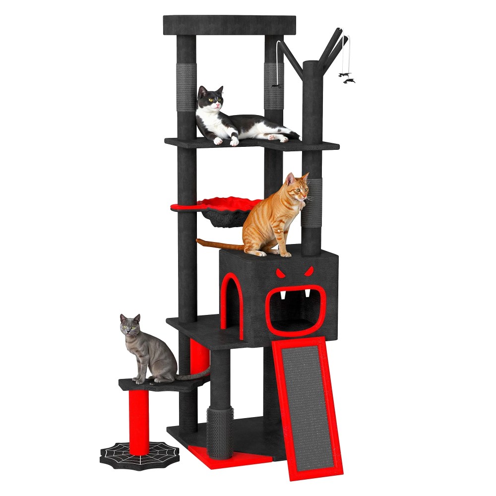 Uforic 60" Gothic Cat Tree Tower with Coffin Bed, Tall Cat Tower with Top Perch, Condos, Basket, Scratcher, Black Halloween - Image 2