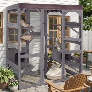 MEDEHOO Catio Outdoor Cat Enclosure - 70" Large Wooden Cat House with 5 Platforms,  2 Napping Boxes & Weatherproof Asphalt Roof,  Walk-in Kitty Condo for Multiple Cats