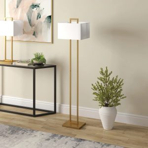 Evelyn&Zoe Adair 68" Tall Floor Lamp with Fabric Shade, Brass/White