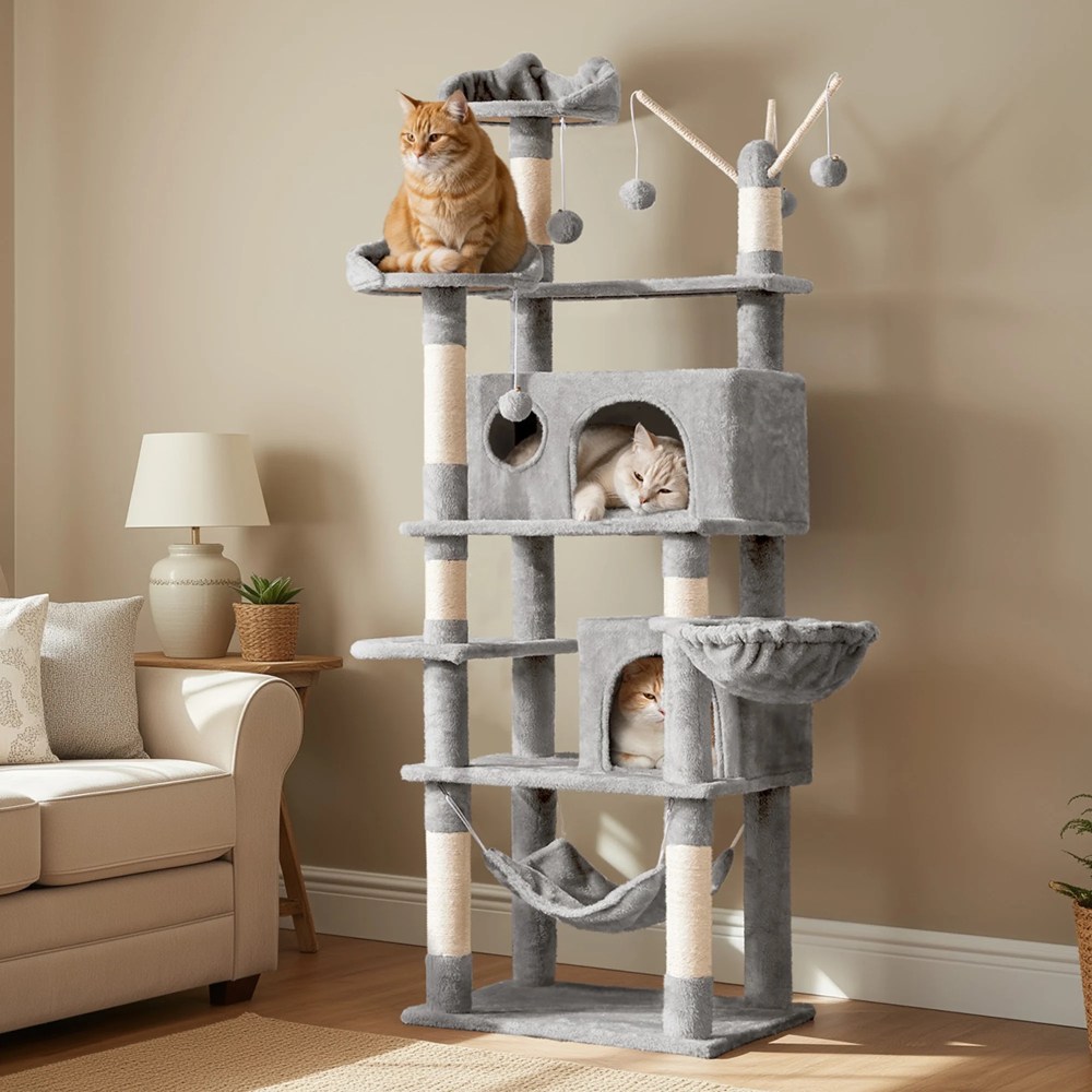 Alden Design 67" H Multi-Level Cat Tree Tower with 2 Cat Condos & Hammock Basket, Light Gray - Image 10