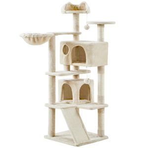 Alden Design 57.5" Double Condo Cat Tree with Scratching Post Tower,  Beige