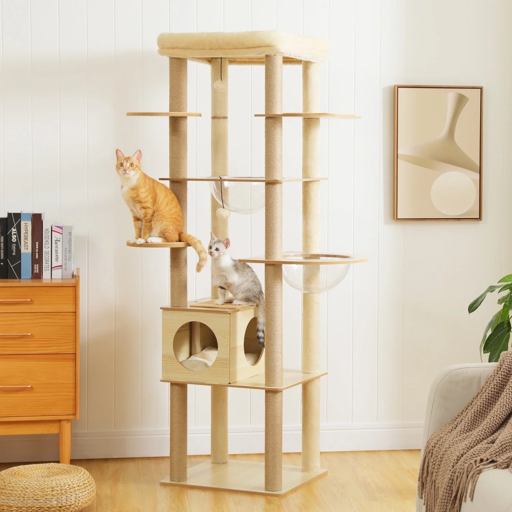Pefilos 71" Wooden Cat Tree Tower for Multiple Cats, Modern Cat Tree House with Cat Condo for Indoor Cats, Beige - Image 6
