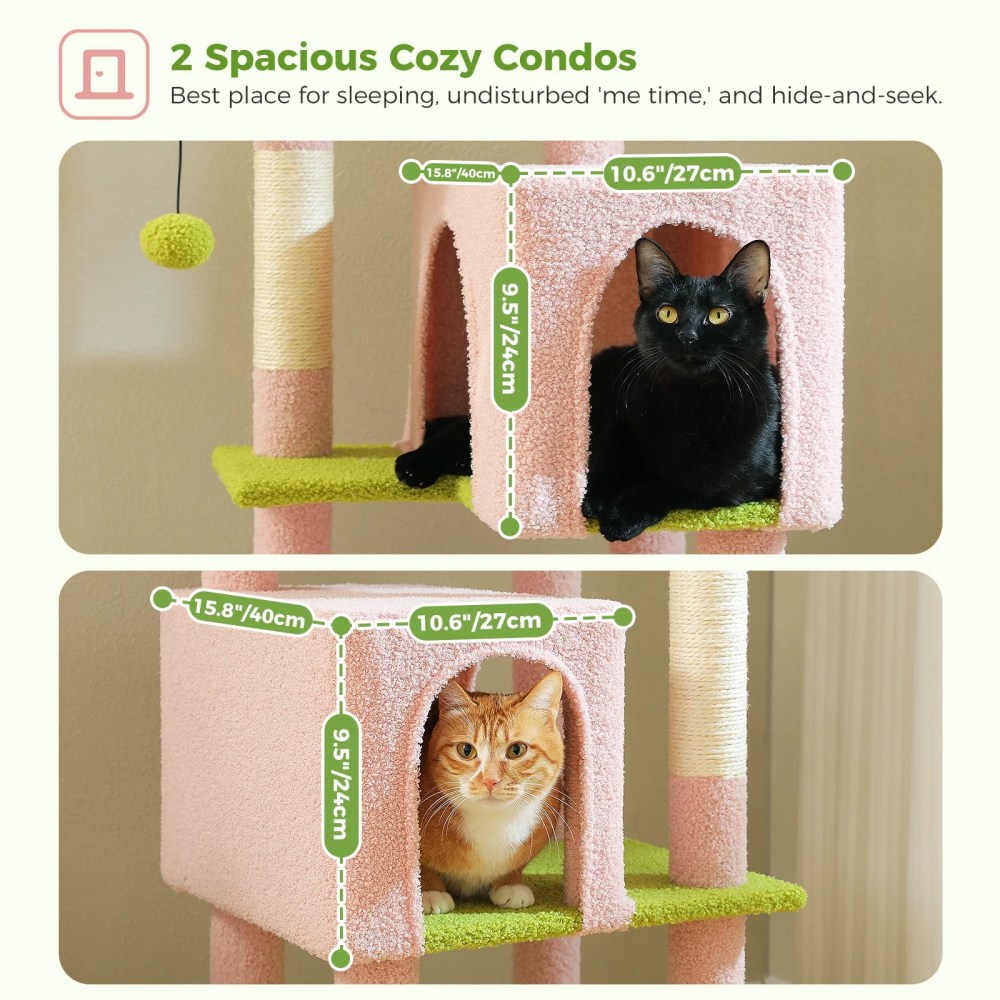 Pefilos 62" Cat Tree for Indoor Cats, Modern Cat Tree Tower with 2 Spacious Condos, Scratching Pad, 4 Cat Scratching Posts, 2 Top Perches, 2 Pompoms, - Image 9