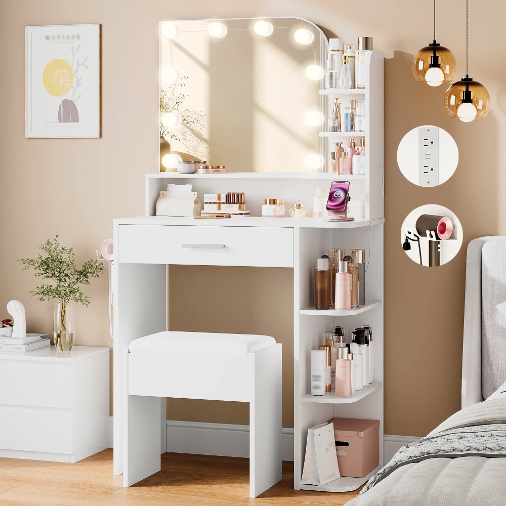 26.4" Small Makeup Vanity Set with Mirror and Lights,NEORIVER Modern Vanity Desk with Bench and Power Outlets
