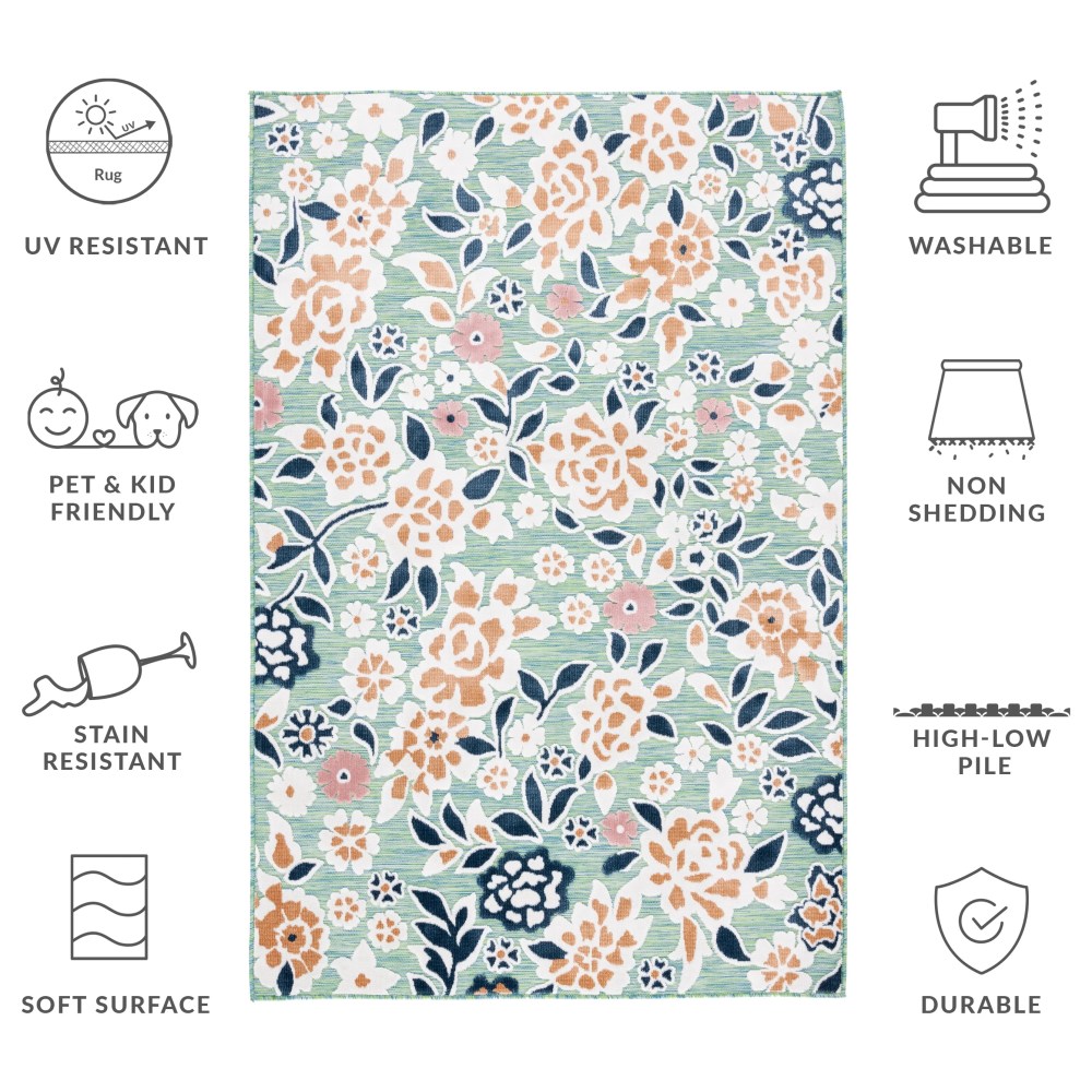 SAFAVIEH Cabana Tobias Floral Indoor/Outdoor Area Rug, Green/Navy, 5'1" x 7'6" - Image 8