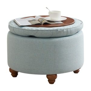 24Inch Round Storage Ottoman with Tray,Modern Tufted Fabric Circle Coffee Table with Storage,Upholstered Ottoman with Removable Top for Living Room,Bedroom,Blue