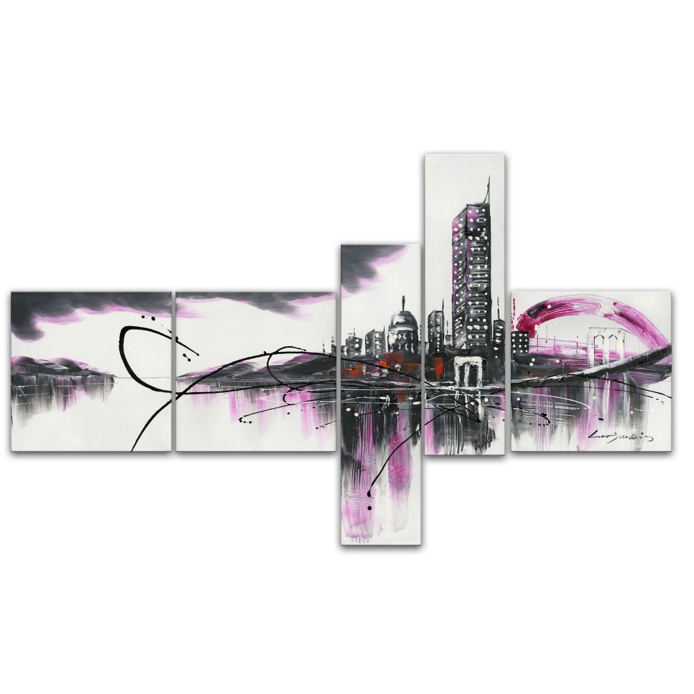 DESIGN ART "Modern Purple Cityscape" 66 x 36-inch 5-panel Canvas Art Print - Image 2