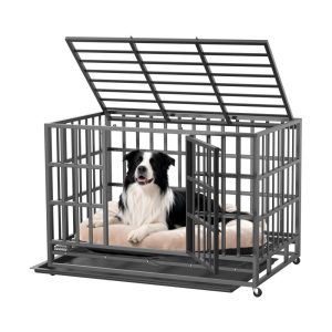 YOKWOK 42" Heavy Duty Dog Crate,  Steel Escape Proof Dog Cage Kennel,  Indestructible High Anxiety Dog Crate for Outdoor & Indoor with Lock and Wheels,  Double Door & Removable Tray,  Black
