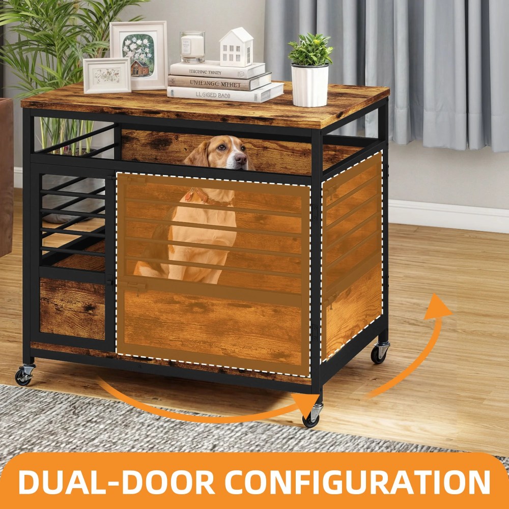 Craftian 32 Inch Dog Crate Furniture, Dog Kennel Indoor with Wheels and Removable Tray, End Table Dog Crate - Rustic Brown & Black - Image 5