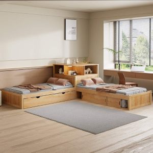 Euroco Pine Wood L-Shaped Twin Platform Bed with Storage Desk, Cabinets, Trundle and LED Light for Kids Teens, Natural