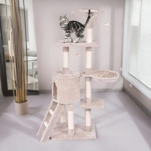 Pefilos 56" Cat Tree Tower for Indoor Cats with Ladder,  Scratching Posts Cat Condo for Multiple Cats Jump Platform Cat Furniture Activity Center,  Beige