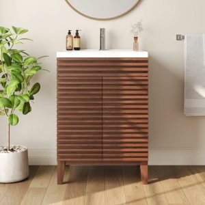 24" Bathroom Vanity with Ceramic Sink Top,Pre-assembled Mid-Century Wood Bathroom Cabinet Walnut