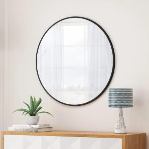28 Inch Round Wall Circle Mirror, Black Metal Framed Wall-Mounted Hanging Mirror for Bathroom Decor, Vanity Bedroom, Living Room, Entryway