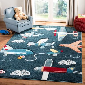 SAFAVIEH Carousel Kids Caroline Airplanes Area Rug, Navy/Ivory, 5'3" x 5'3" Square