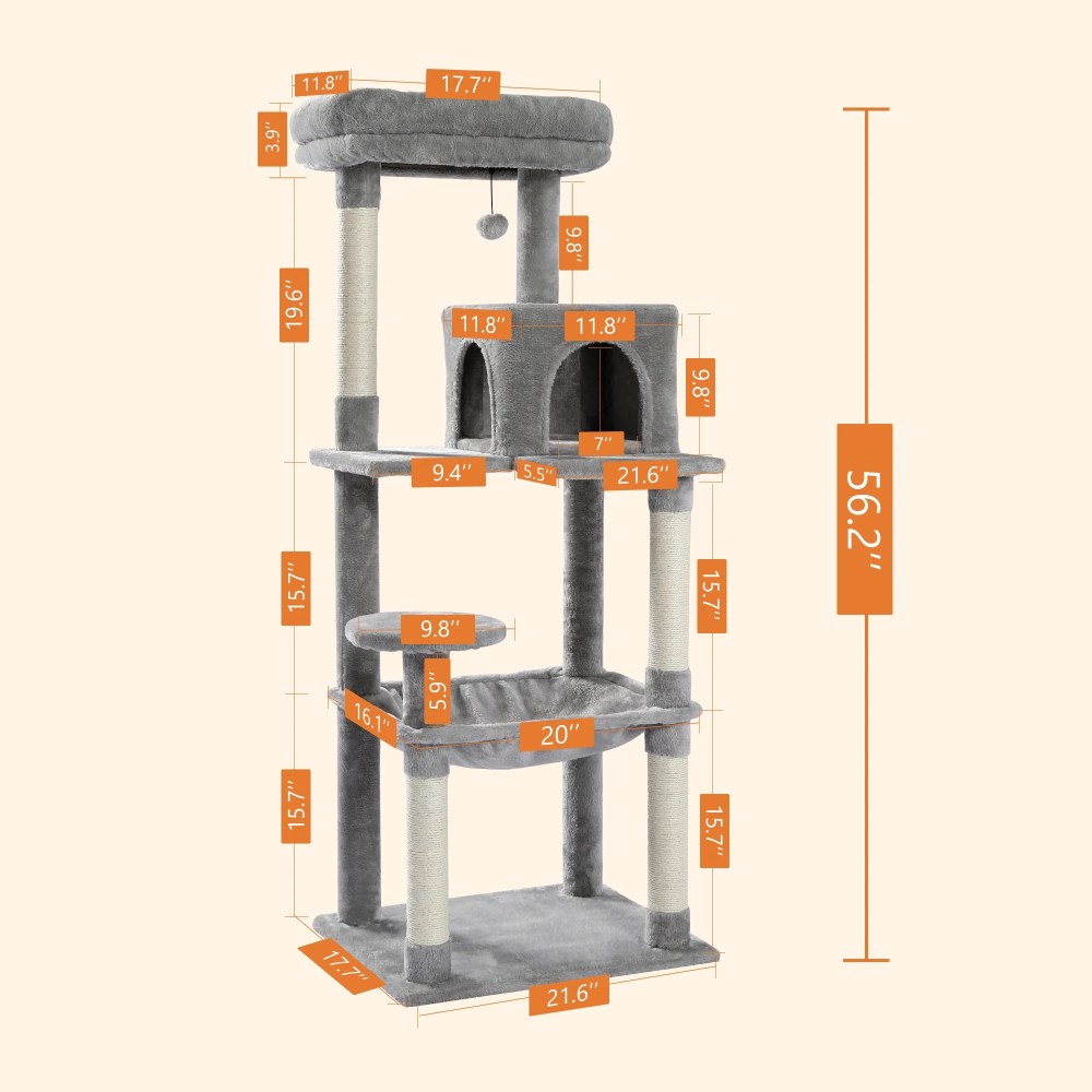 Pawz Road Cat Tree for Large Cats 56"Tall Cat Tower Condo with Scratching Post for Indoor Cats, Gray - Image 3