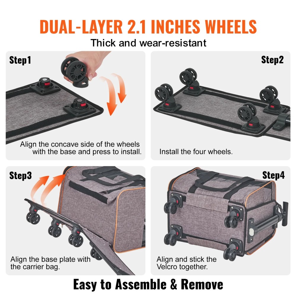 VEVOR Cat Carrier with Wheels Airline Approved Rolling Pet Carrier 22 lbs Grey for Cat Dog Small Medium Animals Kitten Puppy - Image 2