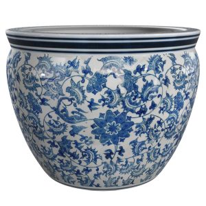 Red Lantern 14" Floral Blue & White Porcelain Fishbowl Planter