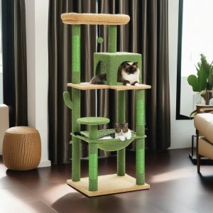 Pefilos 56" Wood Cat Tree Tower for Large Cats,  Cat Tree House for Indoor Cats with Cozy Cat Condo,  Super Large Hammock and Plush Perches,  Green