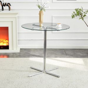 36 Inch Compact Glass Round Glass Bar Dining Table with Tempered Glass Top Sturdy Silver Chrome Four-Claw Base for Kitchen Home Bar Small Spaces